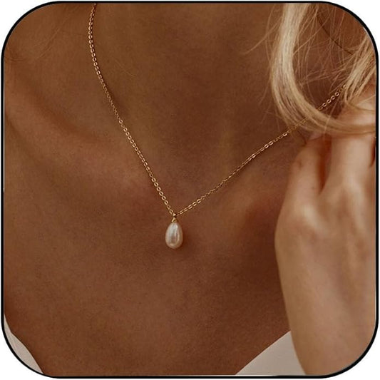 Pearl Necklace for Women Trendy,14k Gold Plated Necklace Dainty Wedding Necklace Small Cute Choker Necklace Beaded Lariat Drop Necklace Vintage Waterproof Jewelry for Women Gold Jewelry Fashion Gifts