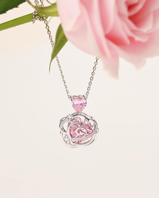 FANCIME Thornless Pulse Birthstone Necklace for Women Sterling Silver Rose Pendant Fine Jewelry Gemstone Birthday Valentines Day Gifts for Wife Her