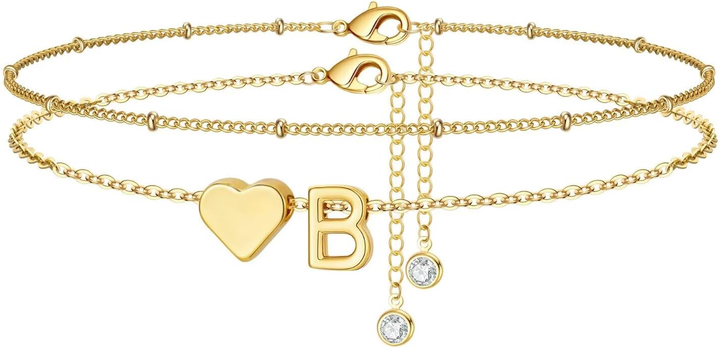 M MOOHAM Gold Initial Ankle Bracelets for Women - Layered Heart Letter A-Z Initial Dainty Gold Anklets for Women Waterproof, Womens Anklets Jewelry Birthday Gifts Jewelry