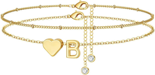 M MOOHAM Gold Initial Ankle Bracelets for Women - Layered Heart Letter A-Z Initial Dainty Gold Anklets for Women Waterproof, Womens Anklets Jewelry Birthday Gifts Jewelry