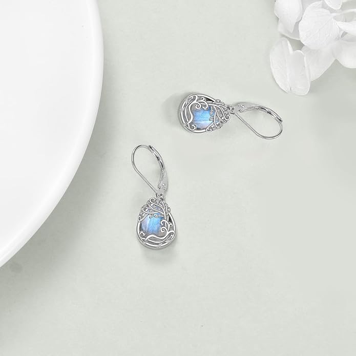 Moonstone Filigree Drop Dangle Teardrop Earrings 925 Sterling Silver Moonstone Leverback Earrings for Women Jewelry Gifts