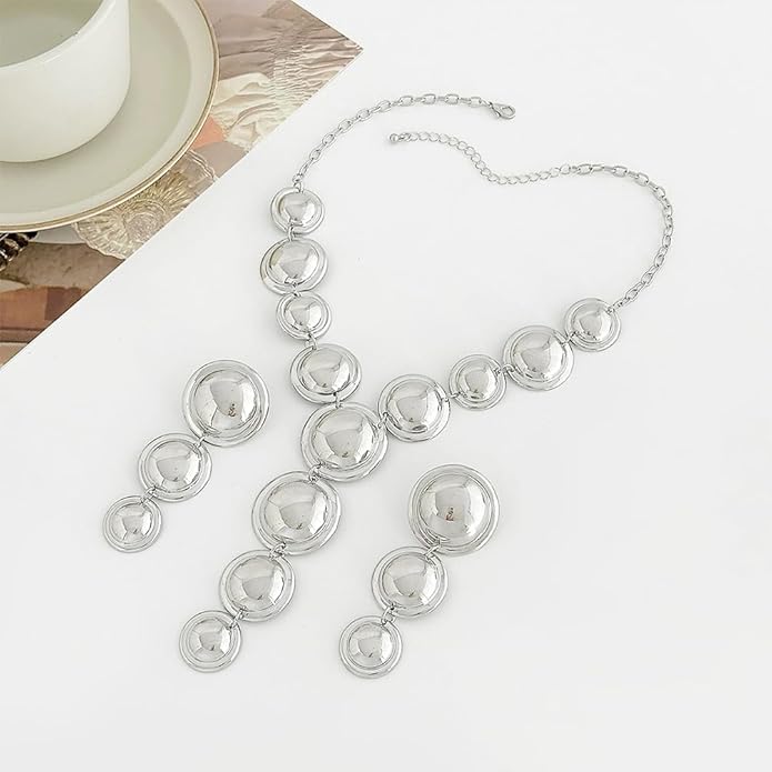 Exaggerated Chunky Gold Choker Long Y Necklace Round Drop Earring Set for Women Unique Big Geometry Silver Necklaces Large Dangly Earring Jewelry Gift