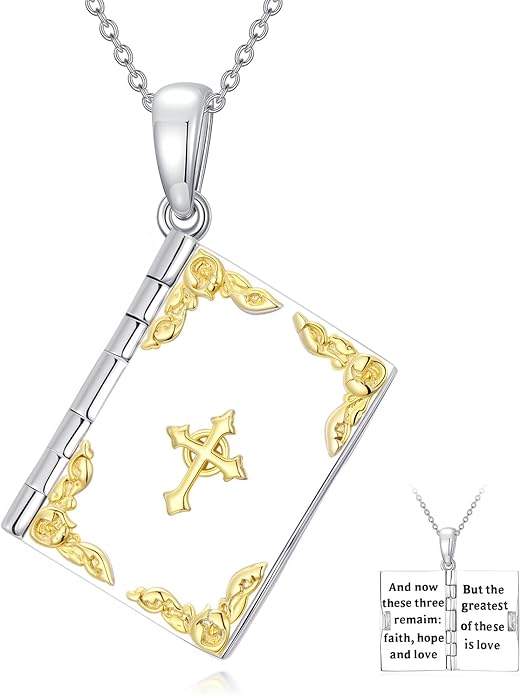 925 Sterling Silver Mini Bible Book Pendant Necklace, Openable Vintage Necklace, Christian Prayer Scripture Jewelry for Men and Women