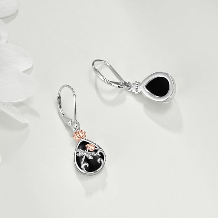 AOBOCO Butterfly/Dragonfly/Bee/Ladybug Leverback Earrings 925 Sterling Silver Rose Lotus Tulip Flower Filigree Dangle Earrings Teardrop Moonstone Larimar Turquoise Abalone Shell Jewelry Birthday Gifts for Women