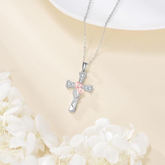 Tulip Sunflower Rose Lily of the Valley Sterling Silver Flower Heart Pendant Necklace Gifts for Women Mother Flower Lover
