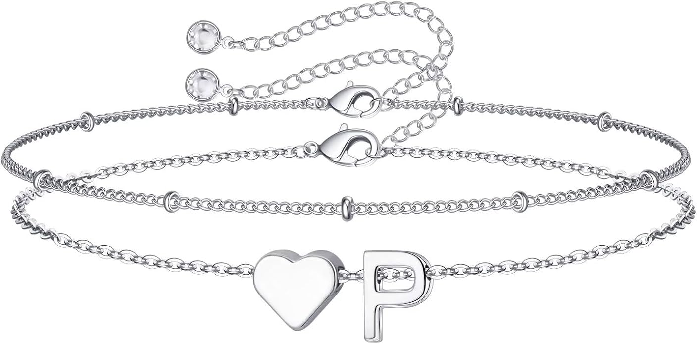 M MOOHAM Christmas Gifts for Grandkids Teens Girls -14K-Gold-Plated Heart Initial Bracelets for Women Girl Dainty Gold Bracelets Birthday Gift Stocking Stuffers for Women Teenage Girls Kids Gifts