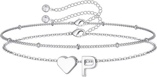 M MOOHAM Christmas Gifts for Grandkids Teens Girls -14K-Gold-Plated Heart Initial Bracelets for Women Girl Dainty Gold Bracelets Birthday Gift Stocking Stuffers for Women Teenage Girls Kids Gifts