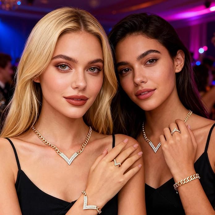 Dmaiy Gold Rhinestones Necklace Set Punk Crystal Bracelet Sets Geometric V-shape Necklace Bridal Ring Set for Women