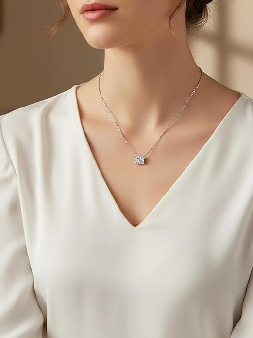 CYW Moissanite/Ruby/Sapphire/Emerald Dainty Pendant Necklace for Women, Novelty Design, Really Authentic Solid 925 Sterling Silver, 16"/18"/20" Adjustable, Birthday Anniversary Valentines Gift