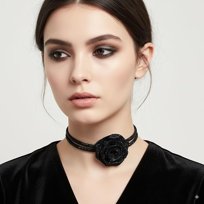 Rose Choker Necklace for Women Gothic Floral Crystal Rhinestone Collar Necklace Short Chain Statement Choker Wedding Party Costume Jewelry Gift for Her
