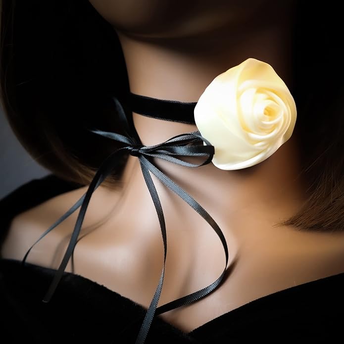 Black Choker Camellia Flower Lace-up Necklace For Women