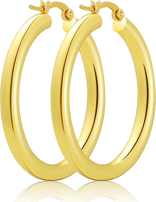 Hoop Earrings for Women, 18K Gold Plated Hoops Earrings, Hypoallergenic Lightweight Comfort Hollow Tube Hoops with Secure Push Lock, Chunky and Sleek Gold Hoops Large Earrings 20/30/40/50/60MM