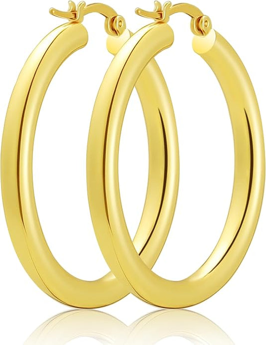 Hoop Earrings for Women, 18K Gold Plated Hoops Earrings, Hypoallergenic Lightweight Comfort Hollow Tube Hoops with Secure Push Lock, Chunky and Sleek Gold Hoops Large Earrings 20/30/40/50/60MM