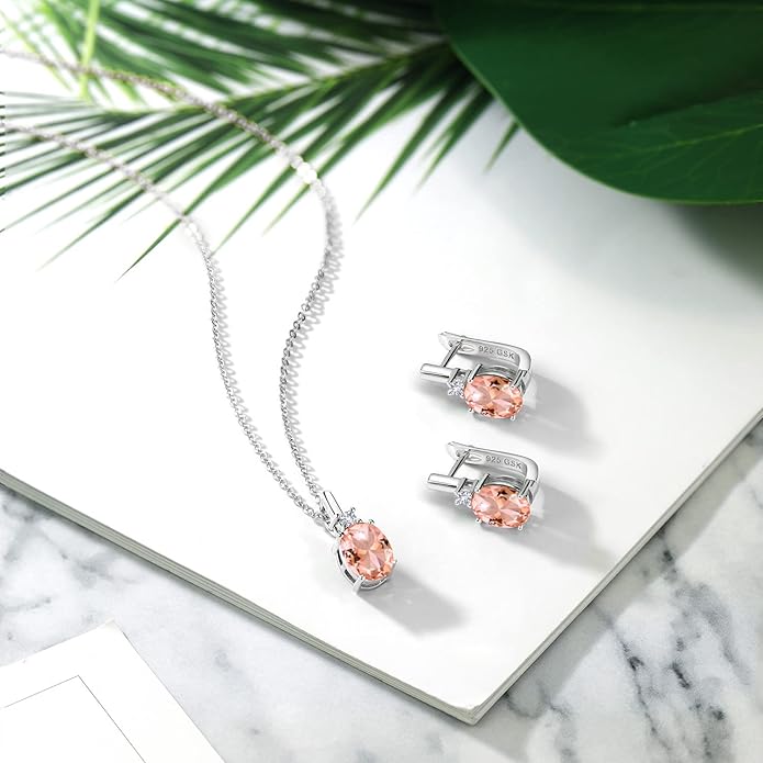 Gemstone Birthstone and White Created Sapphire Pendant and Earrings Jewelry Set for Women in 925 Sterling Silver | Oval 8X6MM and Round 2.5MM | With 18 Inch Chain | Fine Jewelry for Her Mom Women Wife