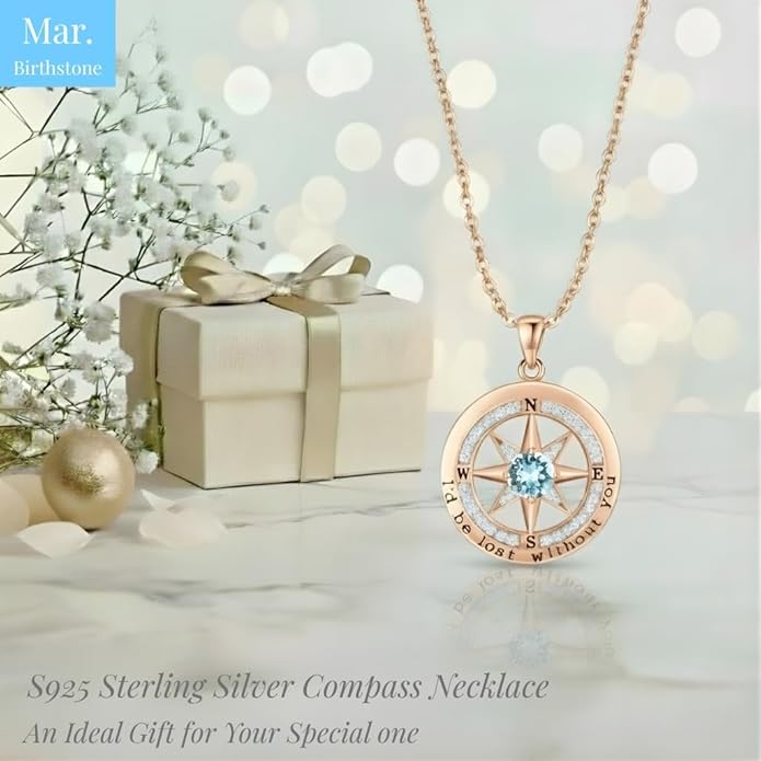 Compass Necklace for Women Wife Girlfriend Mom Daughter Gifts S925 Silver Jewelry For Anniversary Rose Gold Gifts For Birthday Christmas Mothers Valentines Day 12 Birthstones
