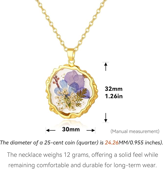 Birth Flower Necklaces for Women,1-12 Month Real Pressed Flower Necklace,Boho-Style Personalized Jewelry, Handmade Floral Pendant,Thoughtful Gift for Christmas,Birthday|18"