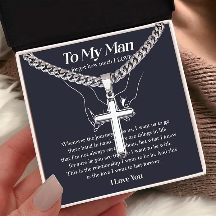 SUTERY Cross Cuban Chain Necklace - Promise Necklace for Him, Necklace for Boyfriend, Mens Necklace for Fiance, Valentine's Day