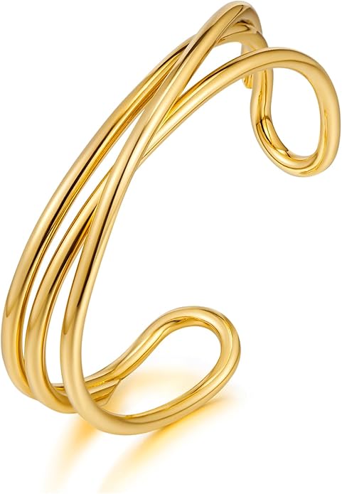Gold Cuff Bracelet for Women Chunky Multi-layer Cross Wire Open Bracelet Hollow Wide Cuff Bracelets Adjustable Gold Open Cuff Bangle Bracelet