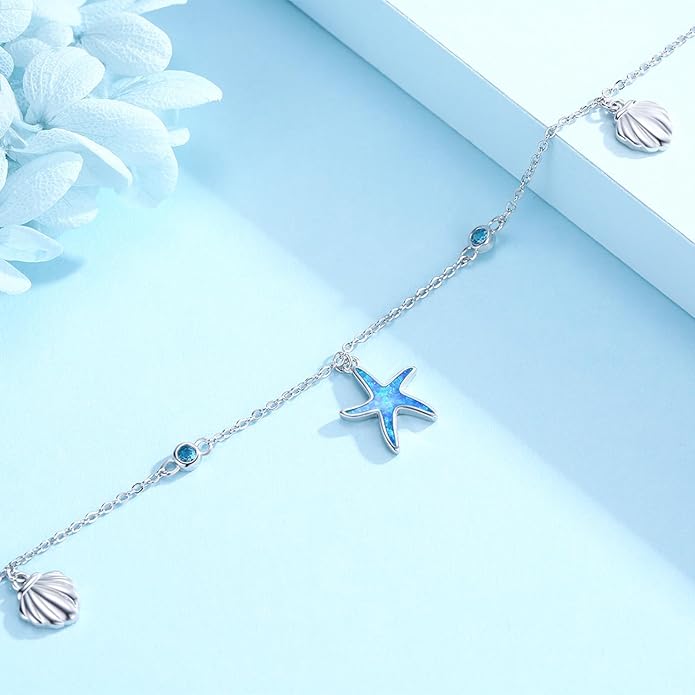Sea Turtle/Starfish Anklet for Women 925 Sterling Silver Beach Anklet Bracelet Summer Jewelry Ocean Gifts for Beach Lovers Friends