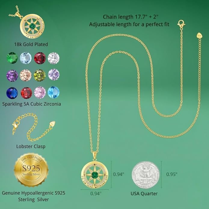 Compass Necklace for Women Wife Girlfriend Mom Daughter Gifts S925 Silver Jewelry For Anniversary Rose Gold Gifts For Birthday Christmas Mothers Valentines Day 12 Birthstones