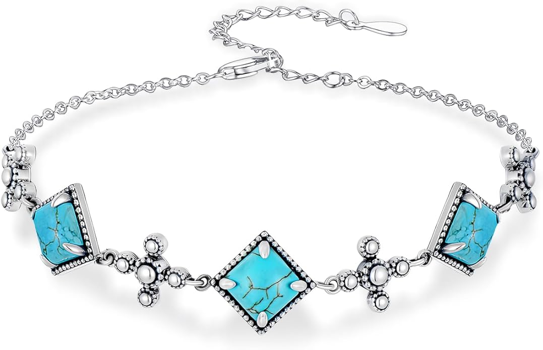 Genuine Square Turquoise Bracelets for Women 925 Sterling Silver Adjustable Real Gemstone Southwest Boho Cross Jewelry for Her 6 to 8 Inch