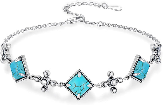Genuine Square Turquoise Bracelets for Women 925 Sterling Silver Adjustable Real Gemstone Southwest Boho Cross Jewelry for Her 6 to 8 Inch