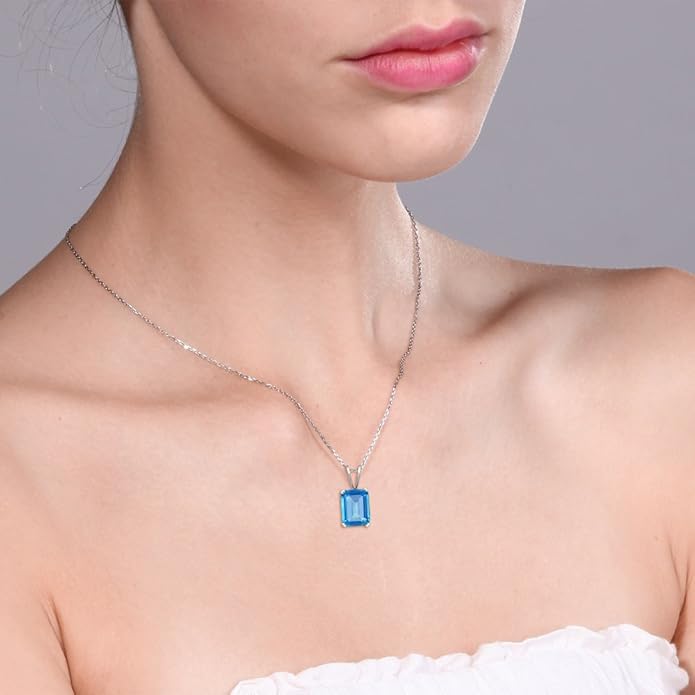 Gem Stone King Emerald Cut Pendant Necklace For Women | 925 Sterling Silver | Emerald Cut 9X7MM | Gemstone Birthstone | Fine Jewelry for Her Mom Wife | With 18 Inch Silver Chain