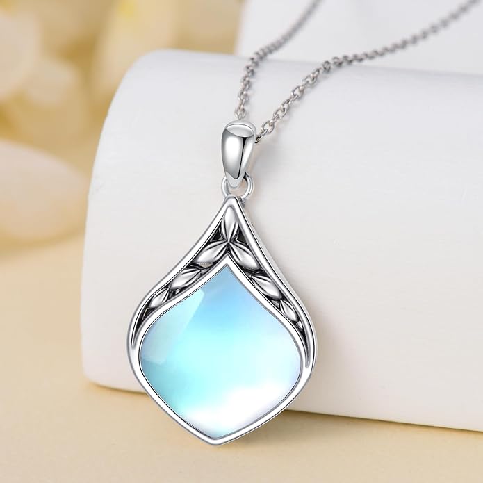 Teardrop Necklace 925 Sterling Silver Vintage Natural Gemstone Pendant Jewelry Birthday Christmas Gifts for Women Mom