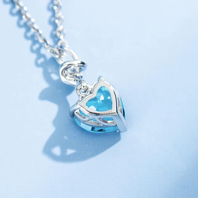AGVANA 14K Solid White Gold Diamond Gemstone Pendant with Sterling Silver Chain 8mm Heart Birthstone Necklace Fine Jewelry Anniversary Birthday Gifts for Women Mom Wife