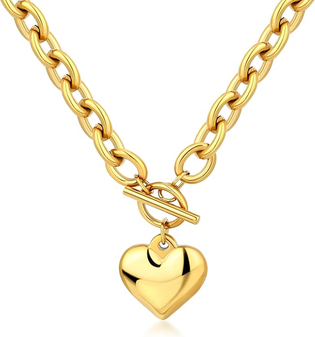 Chunky Gold Necklace for Women, 18K Waterproof Heart Necklace Statement Necklace Gold Charm Necklace Chunky Jewelry Paperclip Chain Choker Gift for Women