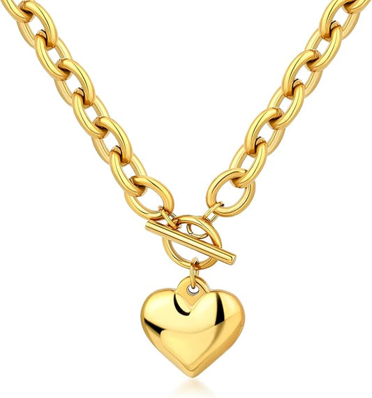 Chunky Gold Necklace for Women, 18K Waterproof Heart Necklace Statement Necklace Gold Charm Necklace Chunky Jewelry Paperclip Chain Choker Gift for Women