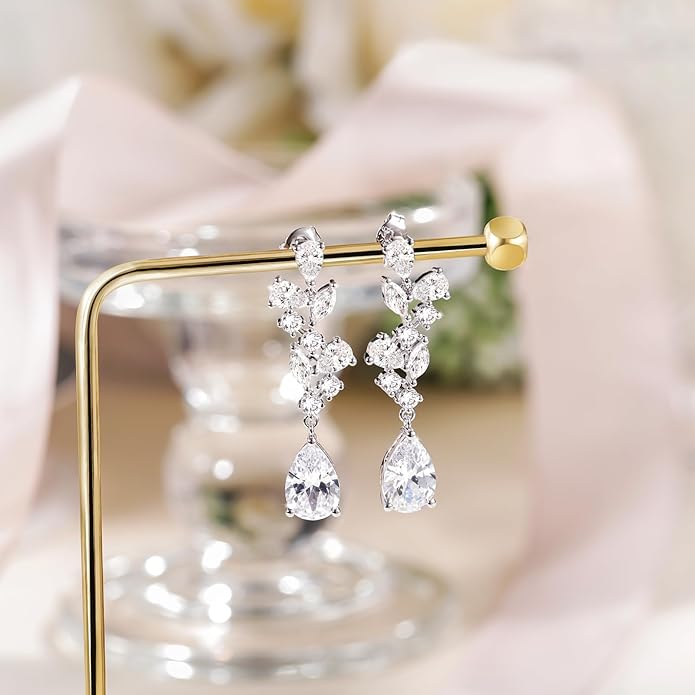 EAMTI Teardrop Wedding Earrings for Women Cubic Zirconia Dangle Bridal Earrings 925 Sterling Silver Post Pear Cut Earring for Prom Bridesmaid