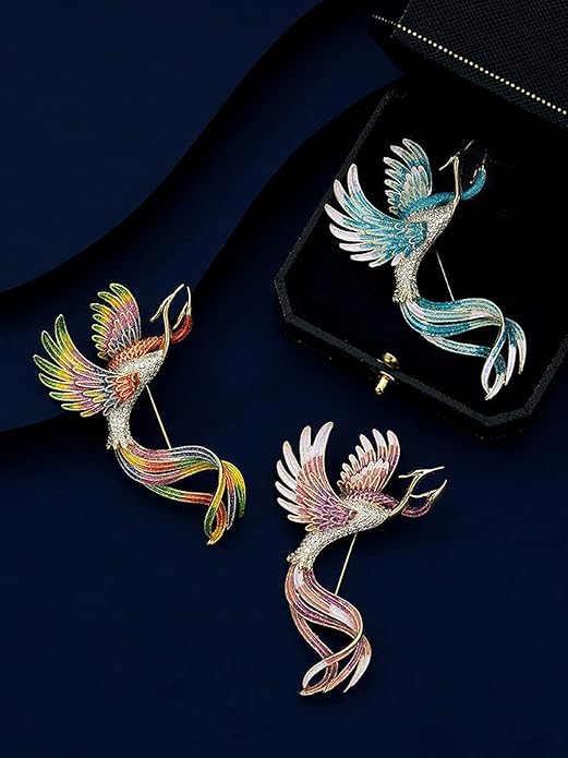14K Gold Phoenix Brooch with Moissanite and Enamel - Elegant Holiday and Special Event Pin, Ideal Gift for Her, Mythical Bird Design, Women's Luxury Fashion Accessory