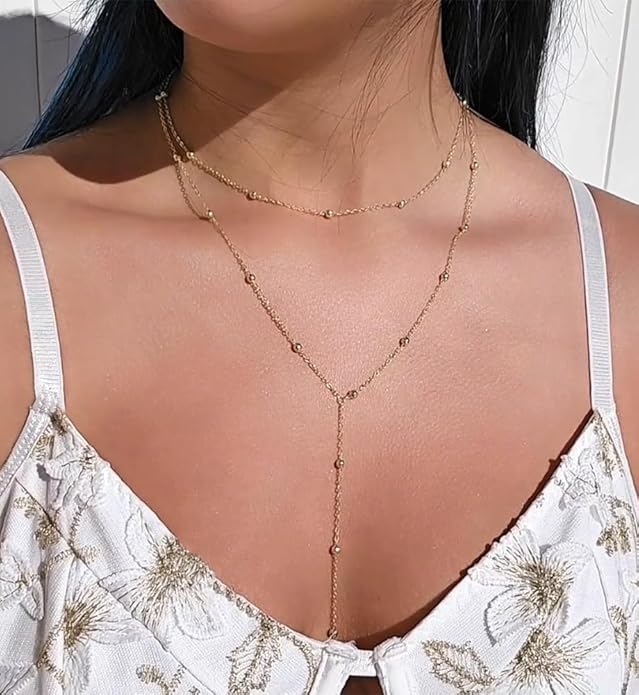 iF YOU Lariat Gold Long Necklaces for Women Trendy, Dainty 14K Gold Plated Drop Chain Necklace, Layered Rosary Beaded Y Necklaces Simple Fashion Jewelry Gifts