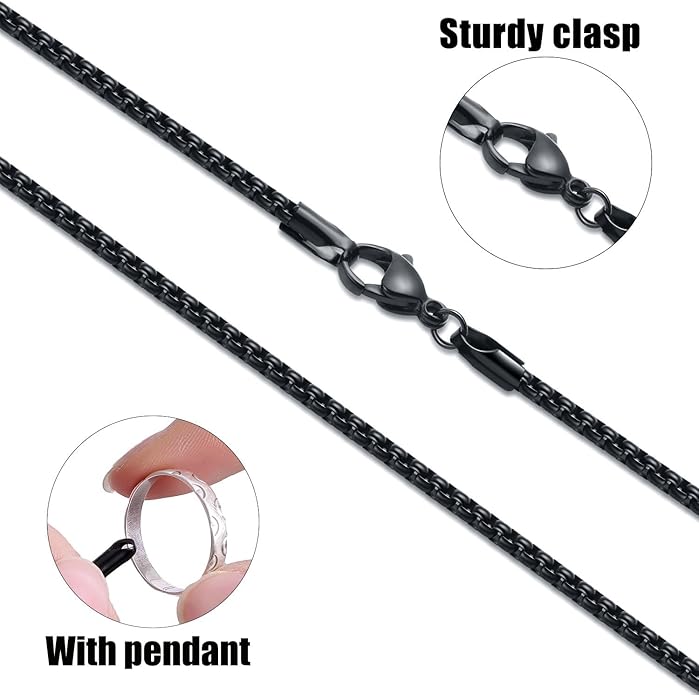 Fiusem Box Chain for Men, Silver Tone/14K Gold Plated/Black Stainless Steel Necklace for Men and Women, Width 2/2.5/3/4/5mm, Length 18-28 Inches
