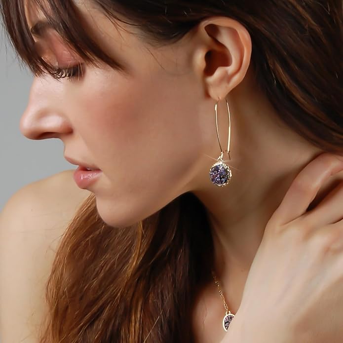 Simulated Druzy Threader Drop Earrings for Women - Gold, Silver, or Rose Gold Tone Trendy Boho Dangles with Sparkly Round Stone