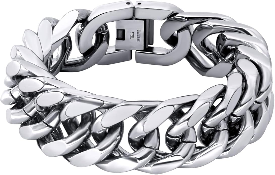 8/12/17mm Wide Cuban Link Bracelet for Men Father Gift 18K Gold/Black Plated Stainless Steel Bracelets 7.4-9 Inches(Gift Wrapped)