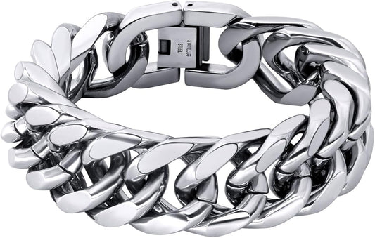 8/12/17mm Wide Cuban Link Bracelet for Men Father Gift 18K Gold/Black Plated Stainless Steel Bracelets 7.4-9 Inches(Gift Wrapped)