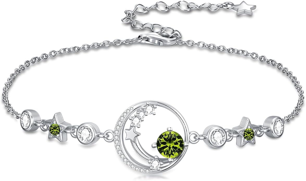 Moon and Star Birthstone Charm Link Bracelet 925 Sterling Silver Moon and Star Bracelet with 12 Months Birthstone Birthday Jewelry Gifts for Women Mom Her,Chain Length 7"+2" Extend