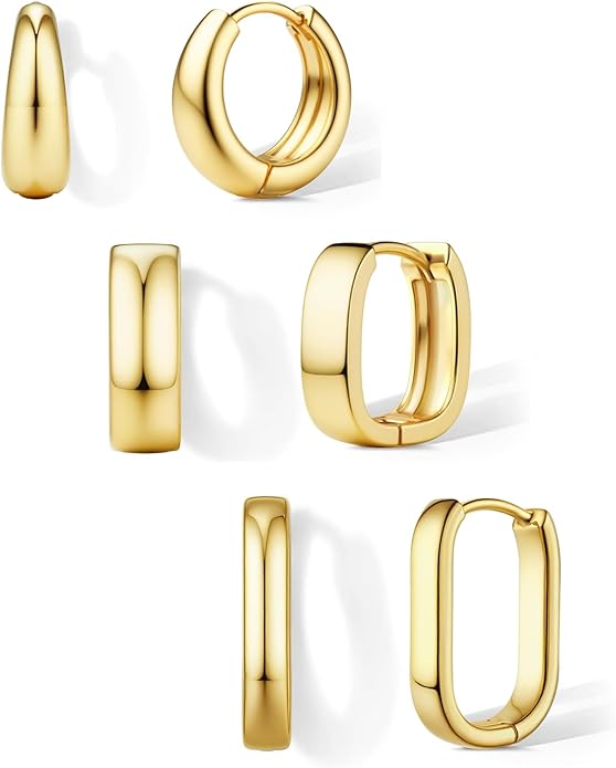 Florideco 3Pairs Chunky Gold Earrings Set 14K Gold Plated Hoop Earrings for Women Trendy Small Thick Huggie Hoops Earring Lightweight Silver Hoop Earring Sets for Multiple Piercing