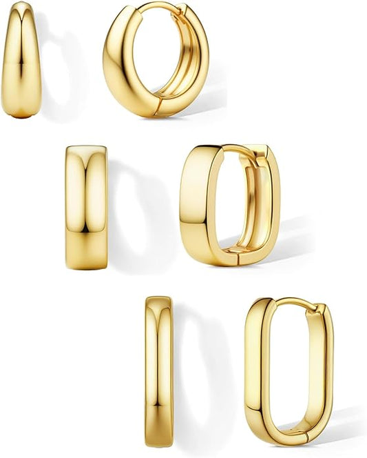Florideco 3Pairs Chunky Gold Earrings Set 14K Gold Plated Hoop Earrings for Women Trendy Small Thick Huggie Hoops Earring Lightweight Silver Hoop Earring Sets for Multiple Piercing