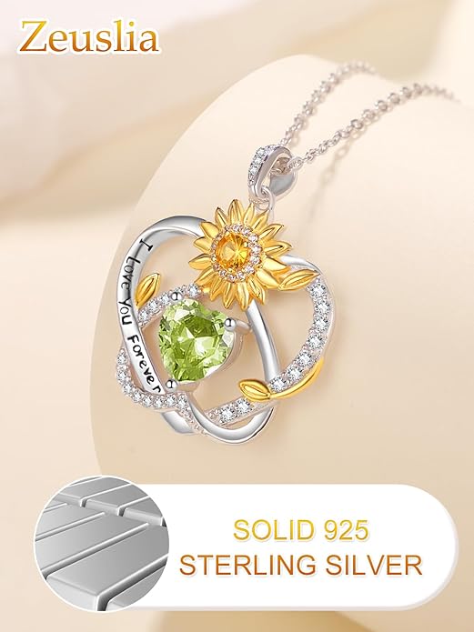 Zeuslia Double Birthstone Necklace Gifts for Wife - 925 Sterling Silver Sunflower/Rose/Crown Cross/Compass/Heart Pendant I Love You Necklace, Anniversary Birthday Gifts for Wife Girlfriend Mom Her