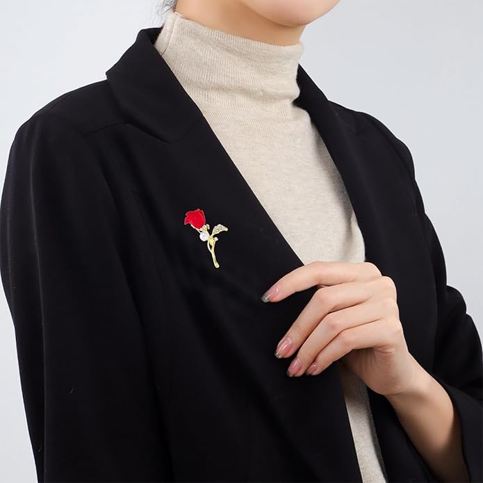 QLUYCKW Rose Flower Brooch Pin for Women Fashion Dainty Gold Plated 3D Red Roses Floral Crystal Brooch Pin Birthday Dress Suit Accessories Jewelry