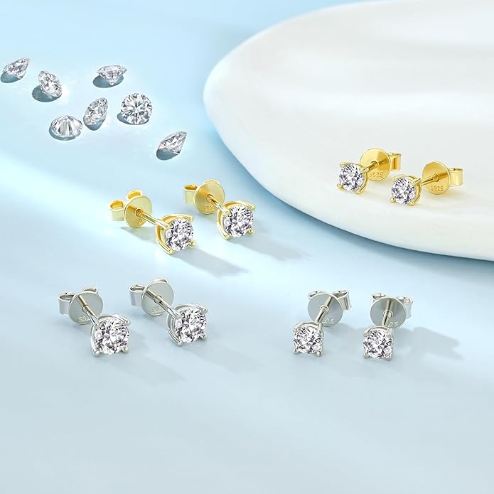 SHOWNII Diamond 4-Prong Lab-Grown Diamond Stud Earrings for Women 0.5CT 1CT 14K Gold Plated S925 Sterling Silver Screw Back Earrings(I-J Color, S1-VS2 Clarity)