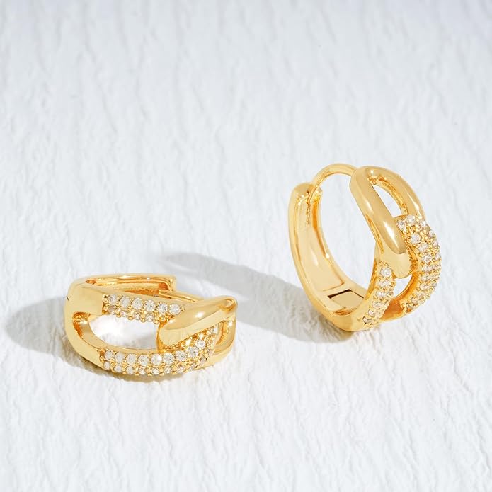 Gold Huggie Hoop Earrings 14K Gold Plated Dainty Chunky Thick Hoop Diamond Cubic Zriconia Inlay Sleeper Tiny Delicate Boho Beach Simple Hypoallergenic Jewelry Gift for Her
