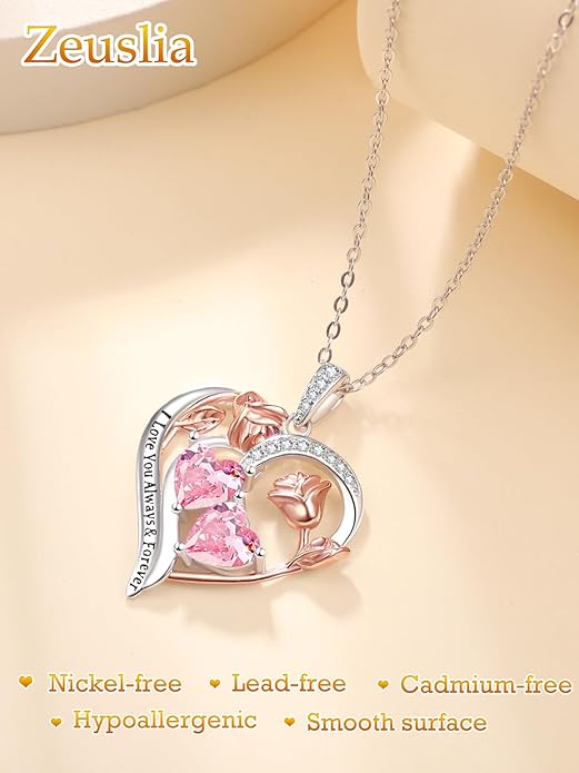 Zeuslia Double Birthstone Necklace Gifts for Wife - 925 Sterling Silver Sunflower/Rose/Crown Cross/Compass/Heart Pendant I Love You Necklace, Anniversary Birthday Gifts for Wife Girlfriend Mom Her
