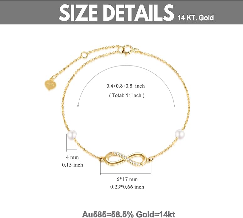 14k Gold Natural Diamond Infinity Anklets for Women, Real Gold Pearl Jewelry Ankle Bracelet Gifts for Her, 9.4-11 Inch