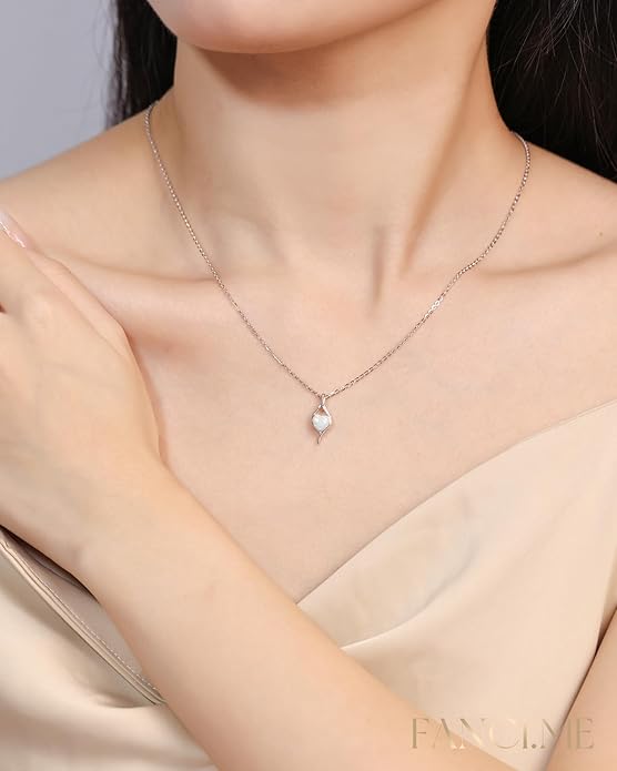 FANCIME 14K Solid White Gold Birthstone Necklace Genuine or Created 6mm Heart Gemstone Pendant with Lab Grow Diamonds Sterling Silver Chain Fine Jewelry Anniversary Birthday Gifts for Women 16" + 2"