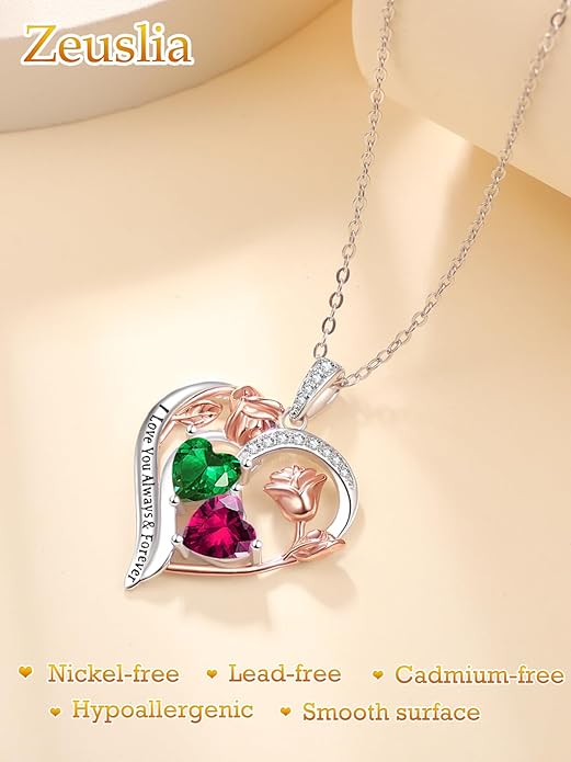 Zeuslia Double Birthstone Necklace Gifts for Wife - 925 Sterling Silver Sunflower/Rose/Crown Cross/Compass/Heart Pendant I Love You Necklace, Anniversary Birthday Gifts for Wife Girlfriend Mom Her