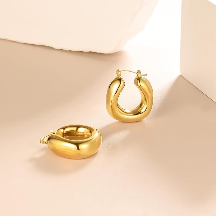 8YEARS Chunky Gold Hoop Earring for Women, 18K Gold Plated Lightweight Thick Hoops, Hypoallergenic Trendy Jewelry for Gift